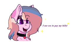 Size: 1008x624 | Tagged: safe, artist:naaltive, oc, oc only, oc:alluring gaze, earth pony, pony, bust, choker, earth pony oc, eyeshadow, female, happy, makeup, open mouth, shitposting, simple background, solo, truth, white background