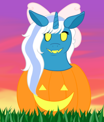 Size: 500x588 | Tagged: safe, artist:ancientcryptid, oc, oc only, oc:fleurbelle, alicorn, pony, alicorn oc, bow, fangs, female, grass, hair bow, horn, mare, pumpkin, solo, wings, yellow eyes