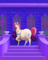 Size: 1088x1360 | Tagged: safe, artist:soobel, idw, princess amore, pony, unicorn, g4, belly, big belly, fat, female, mare, obese, raised leg, solo, stairs, window
