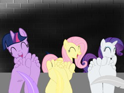 Size: 2048x1536 | Tagged: safe, artist:anthonygoody, fluttershy, rarity, twilight sparkle, human, anthro, g4, barefoot, feather, feet, female, fetish, foot fetish, group, humanized, soles, tickling, toes