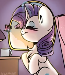 Size: 1048x1196 | Tagged: safe, artist:sakukitty, rarity, pony, unicorn, g4, blushing, chest fluff, cute, desk lamp, eyes closed, fabric, female, magic, mare, morning, mug, profile, raribetes, smiling, solo, spool, telekinesis, window