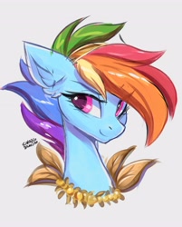 Size: 3296x4096 | Tagged: safe, artist:ask-colorsound, rainbow dash, pony, g4, alternate hairstyle, beads, bust, ear fluff, female, gray background, high res, leaf, mare, portrait, simple background, solo