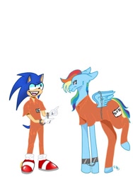 Size: 640x853 | Tagged: safe, artist:ms_umbreon, rainbow dash, g4, bound wings, chained, clothes, cuffs, male, prison outfit, prisoner, prisoner rd, sonic the hedgehog, sonic the hedgehog (series), wings