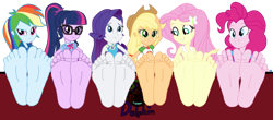 Size: 1200x526 | Tagged: safe, artist:hyperdolphin, applejack, fluttershy, pinkie pie, rainbow dash, rarity, sci-twi, twilight sparkle, human, equestria girls, g4, barefoot, feet, female, fetish, foot fetish, foot focus, humane five, humane six, simple background, soles, toes, transparent background