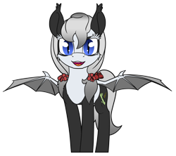 Size: 2700x2400 | Tagged: safe, artist:dacaoo, oc, oc only, oc:bamboo mistshadow, bat pony, bear, panda, panda pony, pony, bat pony oc, bat wings, commission, ear fluff, fangs, high res, looking at you, raised hoof, ribbon, simple background, smiling, solo, transparent background, wings