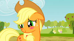 Size: 1920x1080 | Tagged: safe, screencap, applejack, earth pony, pony, g4, the last roundup, blushing, cute, female, floppy ears, jackabetes, mare, smiling