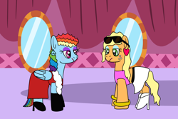 Size: 1280x854 | Tagged: safe, artist:platinumdrop, applejack, rainbow dash, earth pony, pegasus, pony, g4, applejack also dresses in style, blushing, bracelet, carousel boutique, clothes, dress, ear piercing, earring, eyeshadow, high heels, jewelry, lipstick, lost bet, makeover, makeup, mirror, perm, piercing, rainbow dash always dresses in style, request, shoes, skirt, sunglasses, top