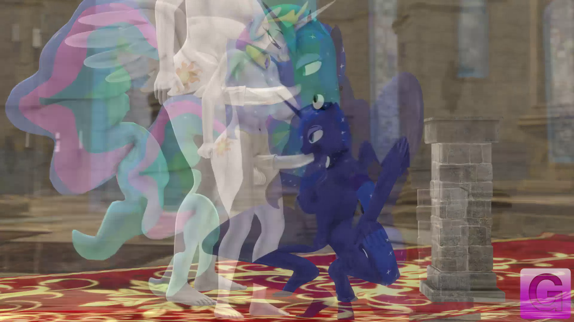 2484635 - explicit, artist:gorilka, princess celestia, princess luna,  alicorn, anthro, g4, 3d, 60 fps, animated, balls, bedroom eyes, belly  button, bent over, blowjob, bouncing, bouncing breasts, breast grab,  breasts, busty princess celestia,
