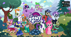Size: 1200x630 | Tagged: safe, gameloft, idw, fili-second, humdrum, mistress marevelous, pinkie pie, radiance, rarity, saddle rager, spike, twilight sparkle, zapp, alicorn, butterfly, dragon, earth pony, pegasus, pony, unicorn, g4, colt, female, game screencap, humdrum costume, idw showified, male, mare, masked matter-horn costume, my little pony logo, power ponies, twilight sparkle (alicorn), winged spike, wings
