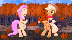 Size: 3840x2160 | Tagged: safe, artist:owlpirate, applejack, fluttershy, earth pony, pegasus, pony, g4, 3d, autumn, bandana, bipedal, duo, eyes closed, female, floppy ears, high res, hoof hold, mare, pumpkin, source filmmaker, wheelbarrow