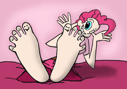 Size: 900x634 | Tagged: safe, artist:skullmandan, pinkie pie, human, g4, barefoot, feet, female, fetish, foot fetish, foot focus, humanized, pink hair, soles, solo, toes