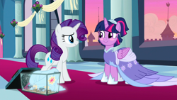 Size: 1280x720 | Tagged: safe, edit, edited screencap, screencap, rarity, twilight sparkle, alicorn, pony, spider, star spider, unicorn, g4, the last problem, alternate hairstyle, blushing, clothes, coronation dress, cute, dress, female, gown, mare, second coronation dress, twiabetes, twilight sparkle (alicorn)