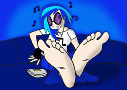 Size: 800x571 | Tagged: safe, artist:skullmandan, dj pon-3, vinyl scratch, human, g4, barefoot, feet, female, fetish, foot fetish, foot focus, humanized, mp3 player, soles, solo, toes