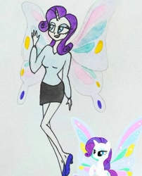 Size: 538x667 | Tagged: safe, artist:lunaart, rarity, human, unicorn, g4, butterfly wings, horn, horned humanization, humanized, scene interpretation, traditional art, winged humanization, wings