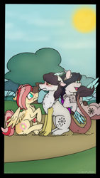 Size: 720x1280 | Tagged: safe, artist:lisaartista365, oc, oc only, oc:cotton, oc:fang, oc:flowercore, hybrid, pony, blushing, brother and sister, embarrassed, female, interspecies offspring, male, oc x oc, offspring, offspring shipping, parent:big macintosh, parent:discord, parent:fluttershy, parent:princess celestia, parents:dislestia, parents:fluttermac, pushing, shipper on deck, shipping, siblings, sitting