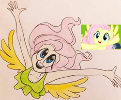 Size: 540x444 | Tagged: safe, artist:lunaart, screencap, fluttershy, human, pegasus, filli vanilli, g4, armpits, arms in the air, breasts, cute, flying, hands in the air, humanized, scene interpretation, screencap reference, sleeveless, traditional art, winged humanization, wings