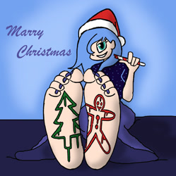 Size: 1280x1285 | Tagged: safe, artist:skullmandan, princess luna, human, g4, barefoot, body writing, christmas, feet, female, fetish, foot fetish, foot focus, hat, holiday, humanized, looking at you, santa hat, soles, solo, toes