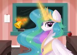 Size: 4092x2893 | Tagged: safe, artist:janelearts, princess celestia, alicorn, pony, g4, bell, classroom, female, glowing horn, horn, magic, mare, smiling, smiling at you, solo, telekinesis