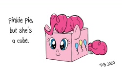 Size: 1200x675 | Tagged: safe, artist:pony-berserker, pinkie pie, earth pony, pony, pony-berserker's twitter sketches, g4, cube, cube pony, smiling, solo, text