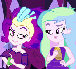 Size: 1366x1238 | Tagged: safe, artist:ktd1993, artist:yaya54320bases, princess celestia, principal celestia, queen novo, equestria girls, my little pony: the movie, burrito, clothes, date, dress, equestria girls-ified, female, flirting, food, headdress, juice, juice box, lesbian, lips, novolestia, shipping, smiling, smiling at each other, strapless, suggestive smile