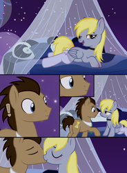 Size: 2500x3400 | Tagged: safe, artist:jelisicli, derpy hooves, doctor whooves, time turner, earth pony, pegasus, pony, g4, bed, bedroom, bedroom eyes, blanket, blushing, choker, clothes, comic, commission, exclamation point, eyes closed, female, french kiss, high res, kissing, male, mare, one eye closed, pillow, seductive, ship:doctorderpy, shipping, socks, stallion, stockings, straight, thigh highs, wink, ych result