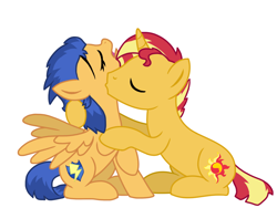 Size: 1024x768 | Tagged: safe, artist:mlp_sweet_adopts, flash sentry, sunset shimmer, pegasus, pony, unicorn, g4, alternate hairstyle, commission, eyes closed, female, flare warden, kissing, male, mare, my little colt, neck kiss, open mouth, raised hoof, rule 63, ship:flareglare, ship:flashimmer, shipping, simple background, sitting, stallion, straight, sunset glare, tongue out, white background, ych result