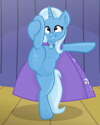 Size: 800x1000 | Tagged: safe, artist:grapefruitface1, trixie, pony, unicorn, g4, base used, bipedal, cape, clothes, featureless crotch, happy, holding leg, hoof hold, smiling, solo, standing, standing on one leg, standing splits, trixie's cape