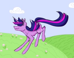 Size: 1080x850 | Tagged: safe, artist:moona_lou, twilight sparkle, pony, unicorn, g4, chest fluff, cloud, dancing, eyes closed, female, grass, jumping, mare, outdoors, smiling, solo, unicorn twilight