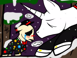 Size: 2048x1536 | Tagged: safe, artist:artmama113, oc, earth pony, pony, unicorn, bowtie, clothes, clown, colt, crying, dialogue, duo, earth pony oc, eyes closed, male, outdoors, ponified, signature, slenderman, snow, stallion