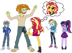 Size: 3327x2446 | Tagged: safe, artist:urhangrzerg, adagio dazzle, rainbow dash, sci-twi, sunset shimmer, twilight sparkle, equestria girls, g4, allegro amoroso, black sclera, converse, equestria guys, groin attack, high res, implied sunset satan, kick, male, rainbow blitz, rule 63, shoes, simple background, thought bubble, transparent background