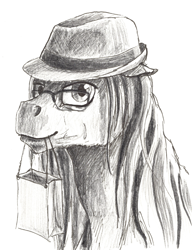 Size: 2740x3572 | Tagged: safe, artist:lady-limule, oc, oc only, earth pony, pony, bag, bust, earth pony oc, glasses, grayscale, hat, high res, monochrome, mouth hold, solo, traditional art