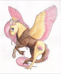 Size: 6300x7700 | Tagged: safe, artist:lady-limule, oc, oc only, oc:panacea, draconequus, hybrid, pony, draconequus oc, female, interspecies offspring, offspring, parent:discord, parent:fluttershy, parents:discoshy, rearing, solo, traditional art