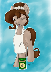 Size: 2611x3643 | Tagged: safe, artist:artbleed, oc, oc only, oc:brownie bun, earth pony, pony, :p, abstract background, apron, clothes, earth pony oc, female, food, high res, housewife, mare, naked apron, one eye closed, peanut butter, signature, solo, tongue out, wink