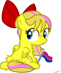 Size: 1762x2094 | Tagged: safe, artist:thunderdasher07, oc, oc only, oc:mist dasher, pegasus, pony, mlp fim's tenth anniversary, bisexual pride flag, bow, butt freckles, chest fluff, ear fluff, facial freckles, female, filly, freckles, hair bow, happy birthday mlp:fim, leg fluff, pegasus oc, pride, pride flag, signature, simple background, solo, transparent background, vector