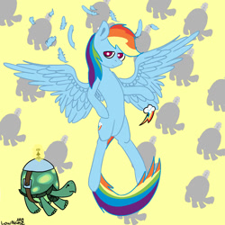 Size: 2000x2000 | Tagged: safe, artist:lowname, rainbow dash, tank, pegasus, pony, tortoise, g4, bipedal, duo, featureless crotch, flying, high res, signature