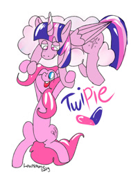 Size: 1508x2000 | Tagged: safe, artist:lowname, pinkie pie, twilight sparkle, alicorn, earth pony, pony, g4, cloud, female, heart, holding a pony, lesbian, mare, on a cloud, one eye closed, ship:twinkie, shipping, signature, simple background, twilight sparkle (alicorn), white background, wink