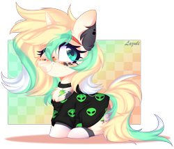 Size: 3152x2696 | Tagged: safe, artist:mint-light, oc, oc only, alien, earth pony, pony, blushing, chest fluff, choker, clothes, commission, ear fluff, earth pony oc, eyelashes, high res, one eye closed, signature, simple background, smiling, solo, transparent background, wink, ych result