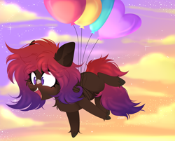 Size: 4236x3408 | Tagged: safe, artist:mint-light, oc, oc only, oc:shaded star, earth pony, pony, balloon, chest fluff, cloud, commission, earth pony oc, eyelashes, floating, flying, open mouth, outdoors, smiling, solo, ych result