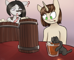 Size: 5785x4688 | Tagged: safe, artist:tenenbris, oc, oc:elinvar, oc:inkenel, oc:oretha, pony, alcohol, confused, curious, drunk, glass, hangover, macro, micro, passed out, question mark, shot glass, size difference