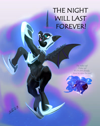 Size: 3749x4729 | Tagged: safe, artist:xbi, nightmare moon, princess luna, alicorn, pony, g4, abs, belly, duality, gradient background, helmet, hoof shoes, horn, long horn, muscles, peytral, princess shoes, swole doge vs cheems, the night will last forever
