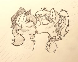 Size: 2560x2042 | Tagged: safe, alternate version, oc, oc:hellfire, earth pony, pegasus, pony, alternate hairstyle, bowtie, female, fluffy, fur, hat, high res, kissing, lesbian, love, mare, monochrome, rule 63, traditional art