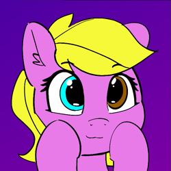Size: 631x630 | Tagged: safe, artist:pabbley, editor:alexfogel, editor:ob2908, oc, oc only, oc:nessa, pony, blue background, closed mouth, cute, ear fluff, eyes open, female, happy, heterochromia, hooves on cheeks, looking at something, owo, simple background, smiling, solo, trace