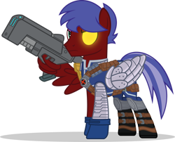 Size: 1280x1035 | Tagged: safe, artist:mlp-trailgrazer, oc, oc:solar flare, pegasus, pony, artificial wings, augmented, cable, clothes, cosplay, costume, laser gun, male, mechanical wing, simple background, solo, stallion, transparent background, wing hands, wings