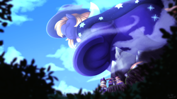 Size: 3840x2160 | Tagged: safe, artist:sugaryviolet, oc, oc:aether lux, pony, belly, big belly, canterlot, canterlot castle, cloud, cloudy, cosmic wizard, fat, frog (hoof), giant pony, hat, high res, huge belly, looming, looming over, macro, mega giant, mountain, underhoof, wizard, wizard hat, wizard robe