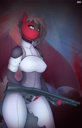 Size: 2500x3904 | Tagged: safe, artist:okata, oc, oc only, bat pony, anthro, bat pony oc, bat wings, bodysuit, clothes, commission, female, gun, high res, mossberg 590a1, shotgun, solo, weapon, wings, ych result