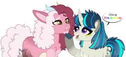 Size: 1280x577 | Tagged: safe, artist:mint-light, artist:xxdifferentrealityxx, oc, oc only, oc:mischivevous, oc:wavelength, draconequus, pony, unicorn, base used, duo, female, interspecies offspring, magical lesbian spawn, male, mare, mismatched horns, offspring, parent:discord, parent:octavia melody, parent:pinkie pie, parent:vinyl scratch, parents:discopie, parents:scratchtavia, simple background, speech bubble, transparent background