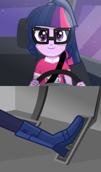 Size: 966x1640 | Tagged: safe, artist:grapefruitface1, sci-twi, twilight sparkle, equestria girls, g4, car, music festival outfit, pedal, pedal pump, show accurate, solo