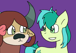 Size: 872x612 | Tagged: safe, artist:cmara, sandbar, yona, earth pony, pony, yak, g4, female, grin, looking at each other, male, purple background, ship:yonabar, shipping, simple background, smiling, straight
