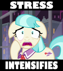 Size: 918x1039 | Tagged: safe, edit, edited screencap, screencap, coco pommel, g4, made in manehattan, caption, cropped, floppy ears, image macro, meme, open mouth, stressed, text, uvula, x intensifies