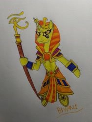 Size: 2609x3466 | Tagged: safe, artist:bsw421, oc, oc only, oc:blaze burn, pony, unicorn, ancient egypt, clothes, costume, egypt, egyptian, egyptian headdress, egyptian pony, fashion, gift art, high res, horn, male, photo, smite, solo, standing, traditional art, unicorn oc, weapon